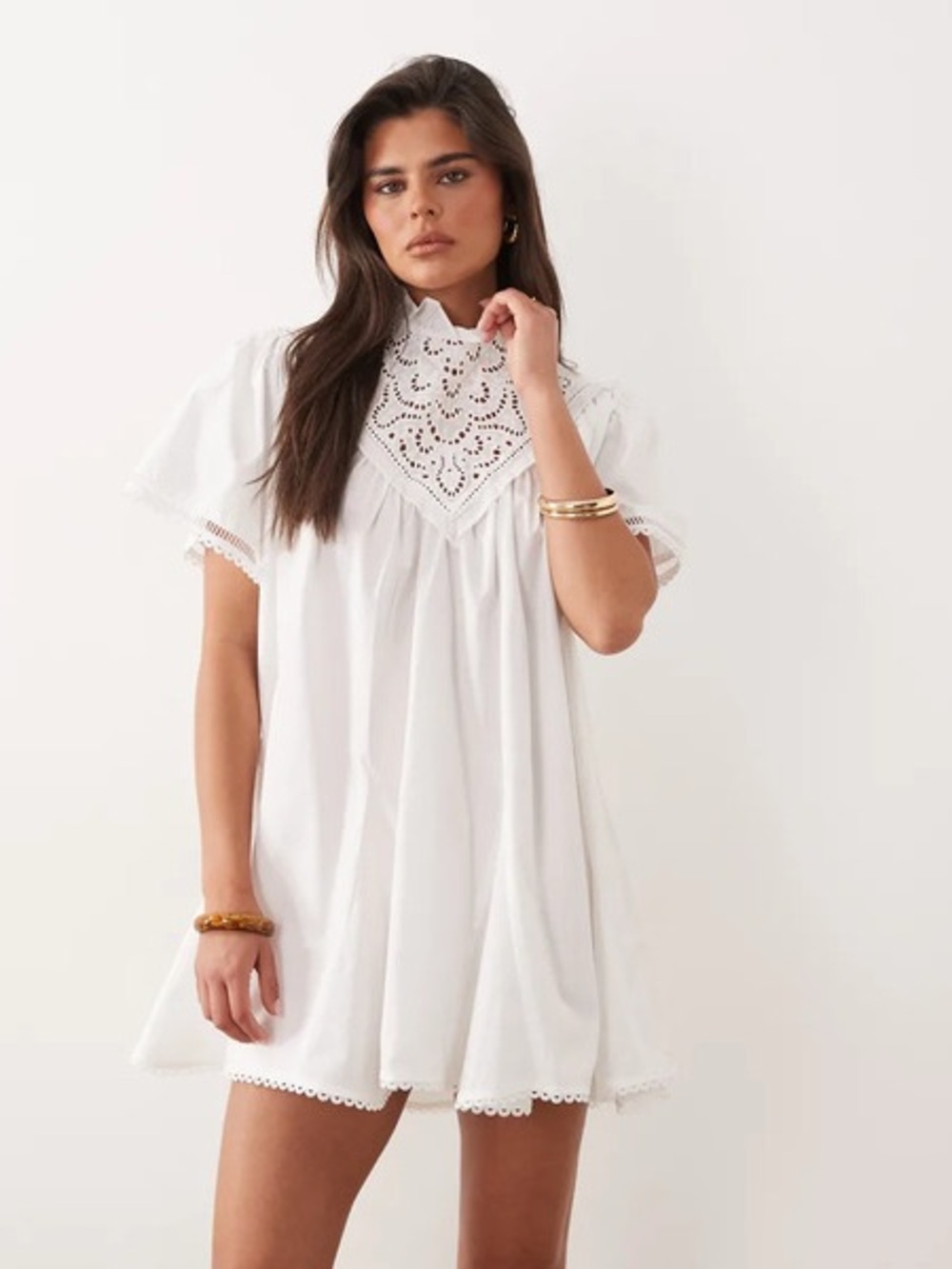 Noughts & Kisses Josette Die Cut Poplin Cotton High Neck Smock Dress In White